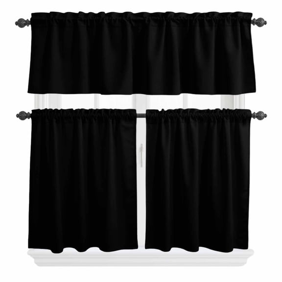 3 Piece Kitchen Curtains and Valances Set Black Cafe Curtains 36 Inch Length Solid Color Farmhouse Black Valance & Tier Curtain for Living Room Bedroom Small Window 54"x18" 27"x36"*2
