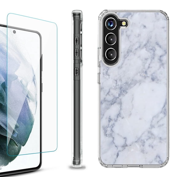 OneToughShield ® for Samsung Galaxy S23  S23 Plus 5G Shockproof Bumper Phone Case, with Tempered Glass Screen Protector - Marble / Clouds