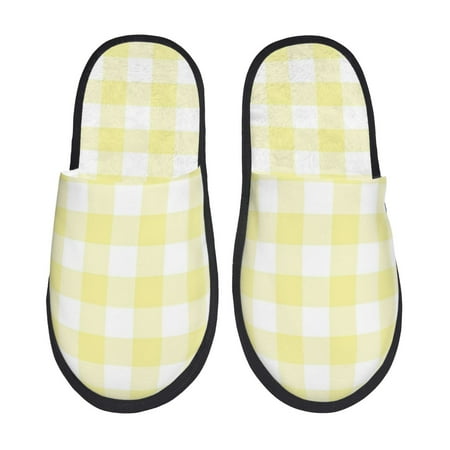 Balery Lemon Yellow Checkboard Slient Indoor Furry Fleece Comfort House Shoes Soft Non-Slip Home Shoes Cotton slippers House Slippers-- Large