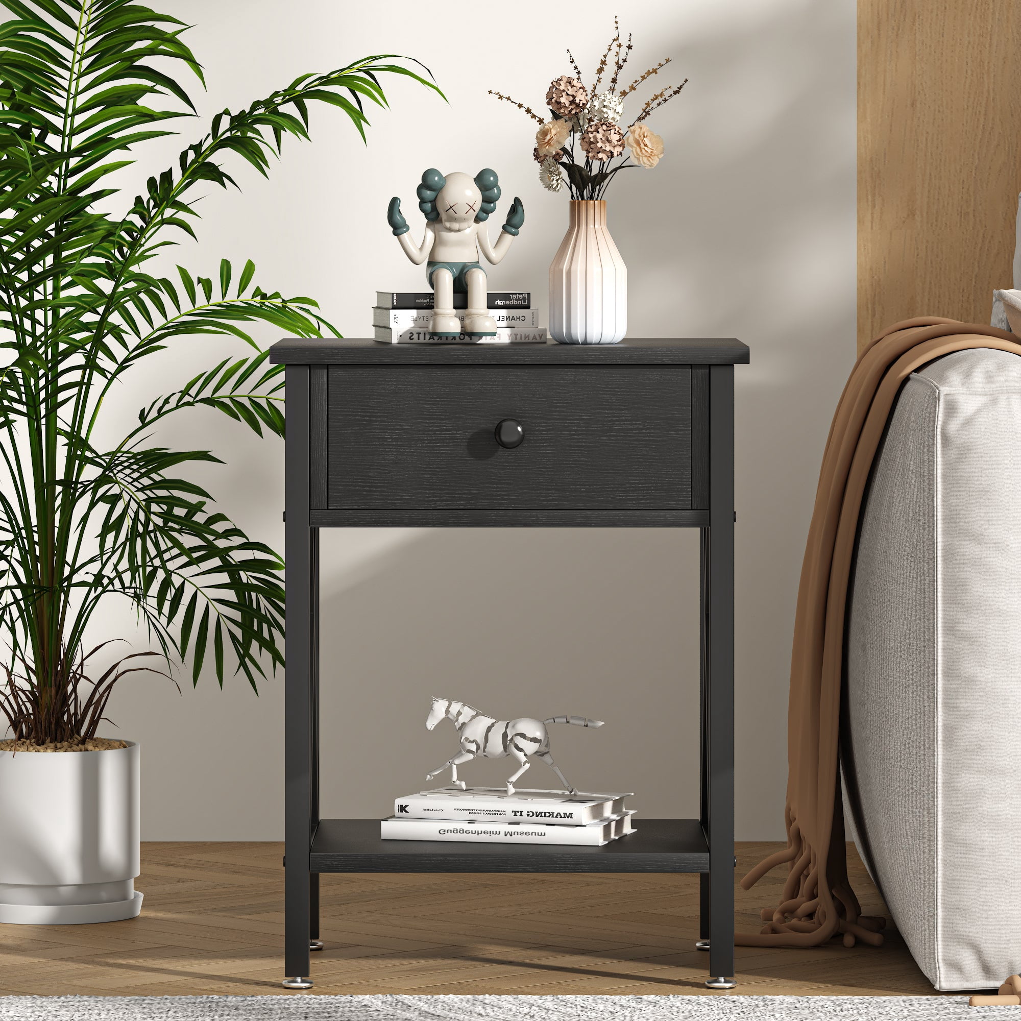 VECELO Nightstands Set of 2, Industrial End Table with 1-Drawer & Storage Shelf, Small Bedside Table Organizer for Small Space, Side Table for Bedroom Living Room, Black