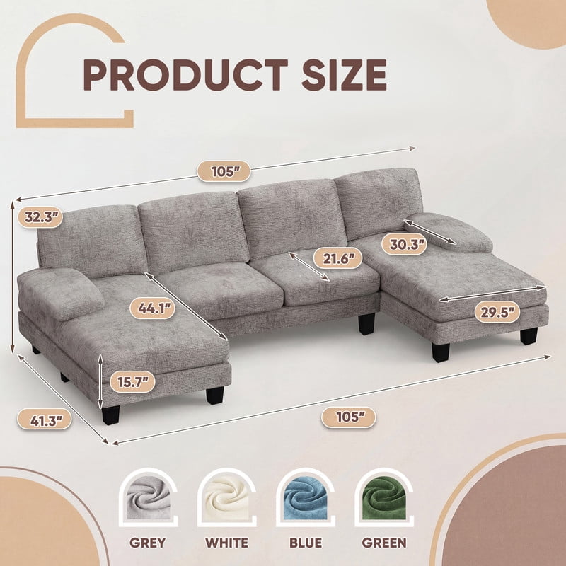 Vineego 105" Cloud U-shape Sectional Sofa Modern Modular Oversized Couches for Living Room,No Assembly Required,Gray