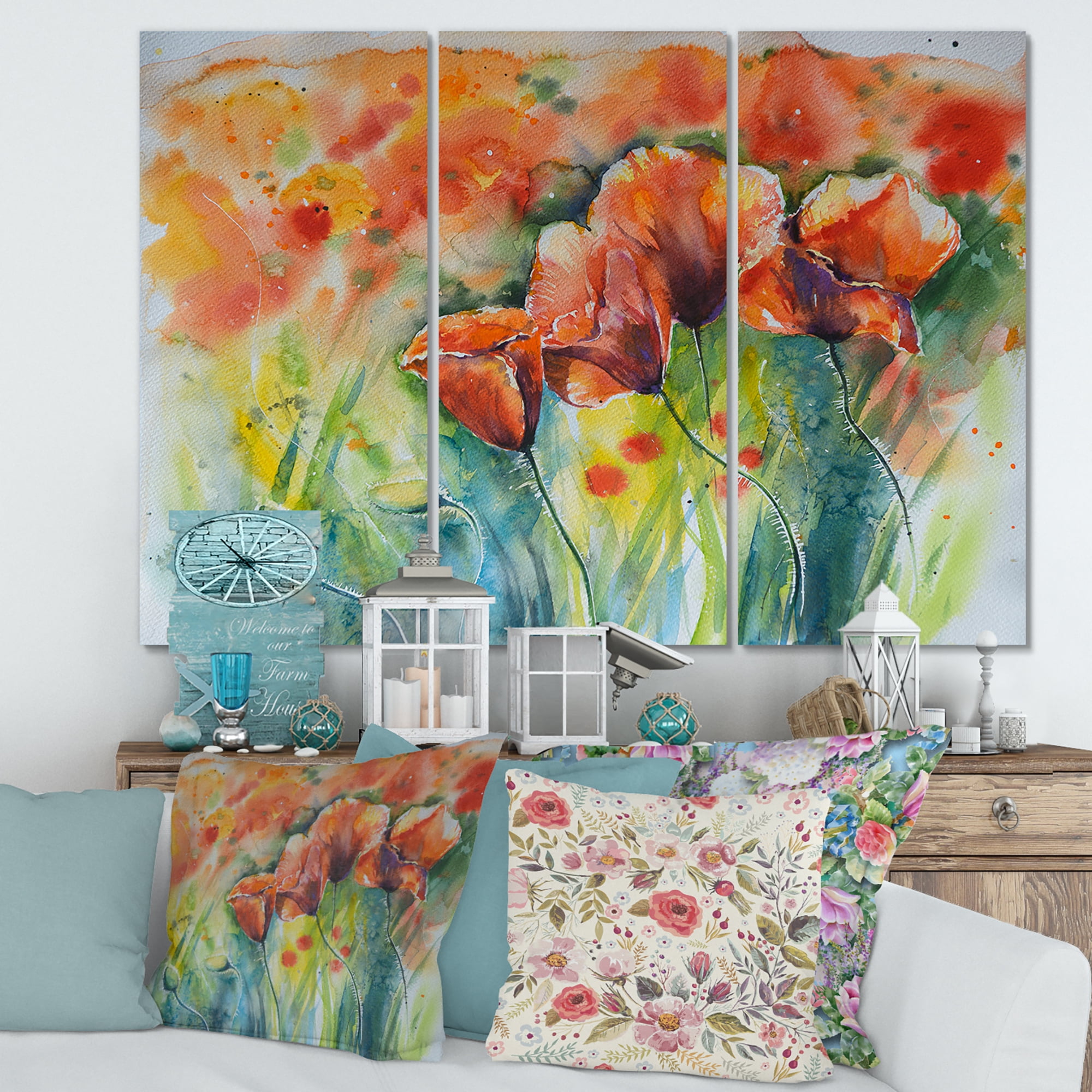 Designart ' Red Blossoming Poppies Over Wild Green IV ' Traditional Canvas Wall Art Print