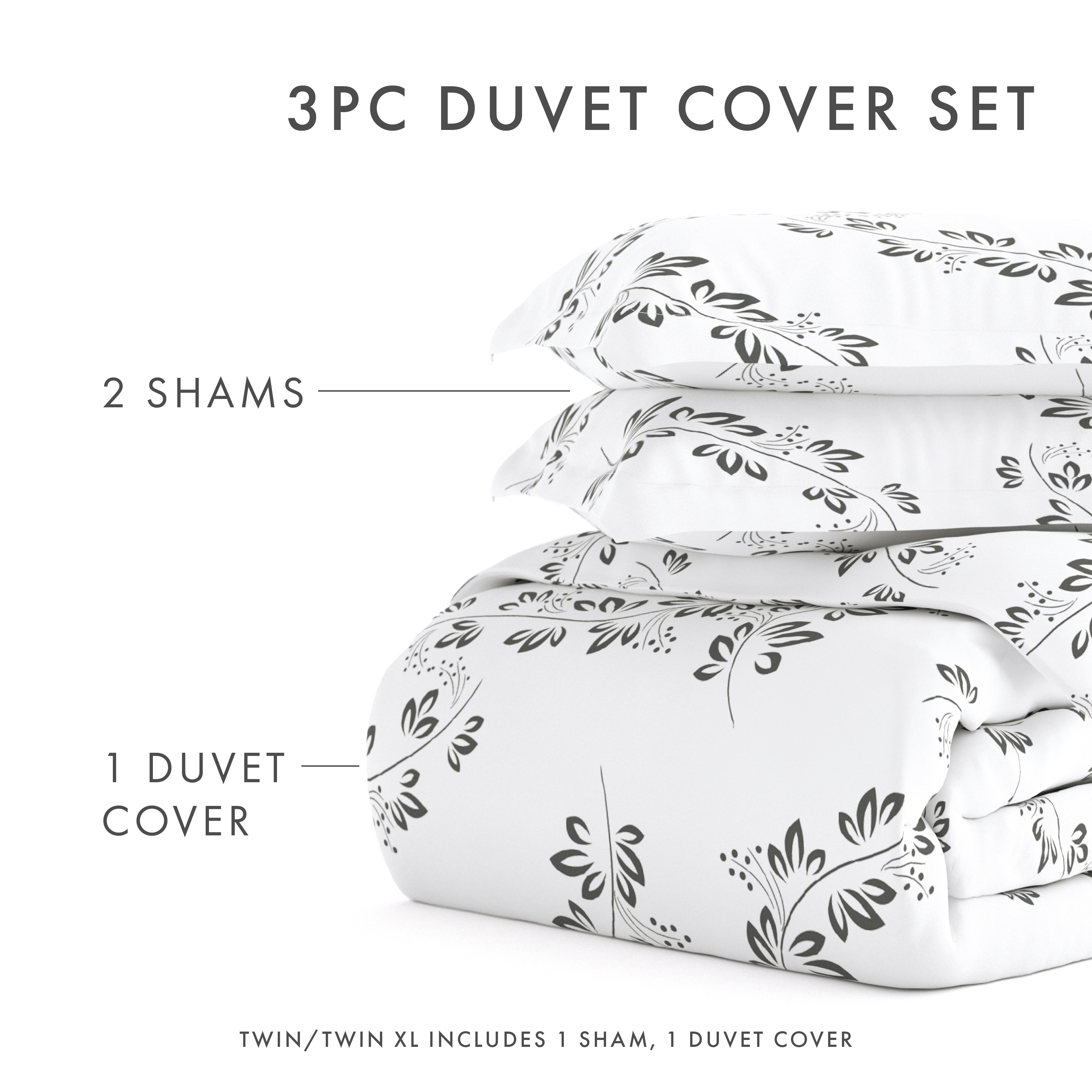 Noble Linens Gray Simple Vine Print Duvet Set 3-Piece Duvet Cover Set, Full/Queen