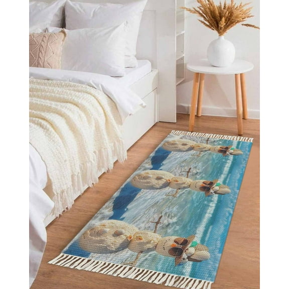 Coastal Snowman Christmas Hallway Runner Rug 2x5ft,Xmas Beach Sea Nautical Washable Woven Living Room Bedroom Kitchen Bathroom Carpet with Tassels,Indoor Outdoor Throw Door Mat for Entryway