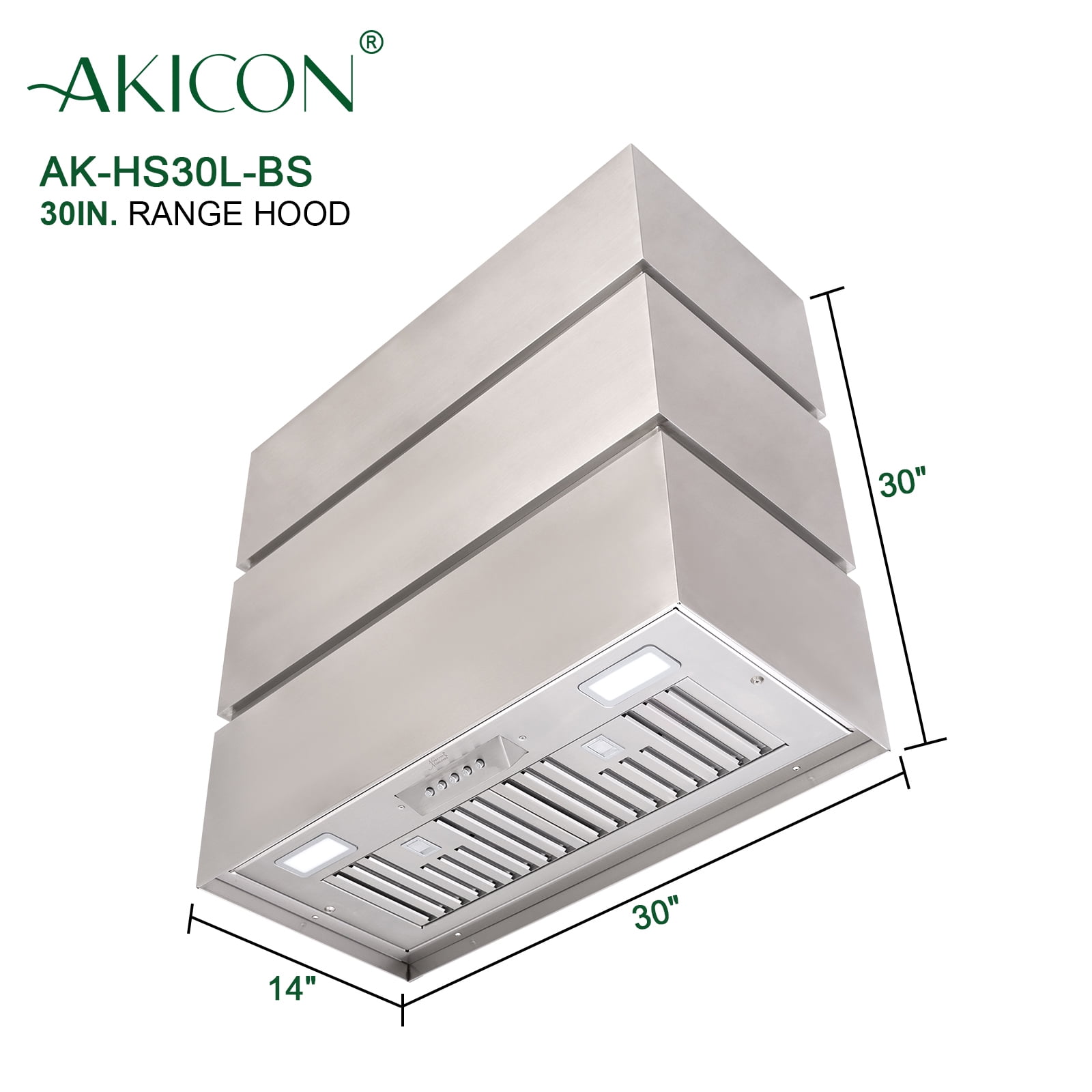 Akicon 30" Stainless Steel Range Hood, 3 Stacks Modern Box Ducted Kitchen Hood with Powerful Vent Motor, Wall Mount, 30"W*30"H*14"D, Brushed Stainless
