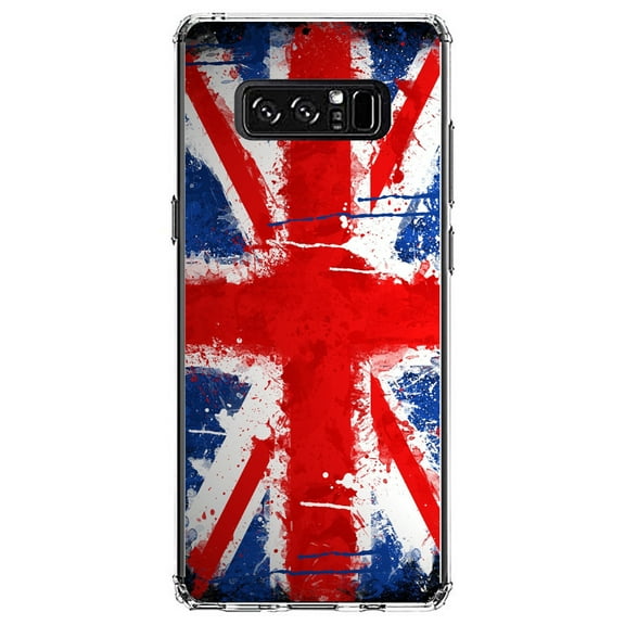DistinctInk Clear Shockproof Hybrid Case for Samsung Galaxy Note 8 - TPU Bumper, Acrylic Back, Tempered Glass Screen Protector - Red White Blue British Flag Graffiti - the UK