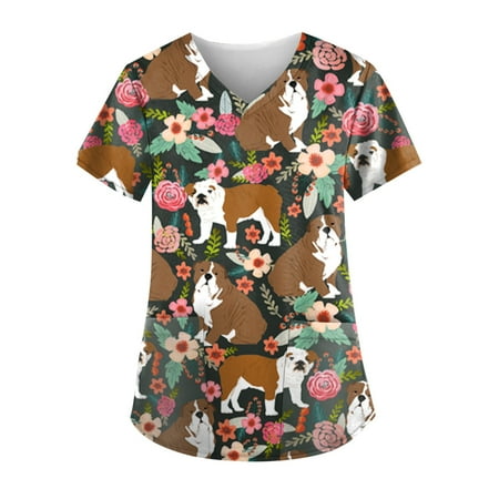 

BEBUTTON Womens Scrubs Plus Size V Neck Short Sleeve Tops Loose Animal Print Work Uniform Blouses with Pocket Brown L