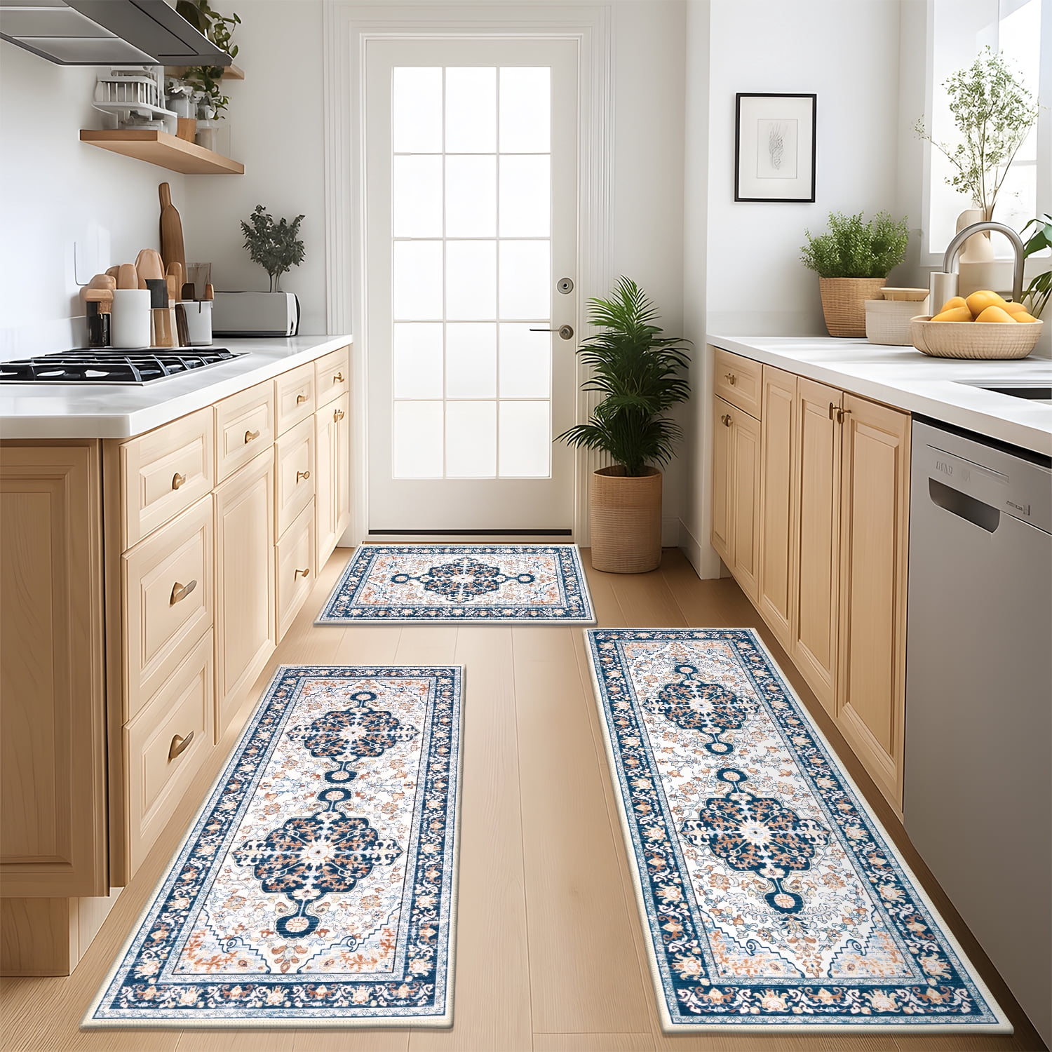 Kitchen Rug and Mat, Yamaziot Boho Kitchen Rug Set of 3, Non Slip Washable Farmhouse Floor Mat Hallway Runner, Laundry Room Carpet