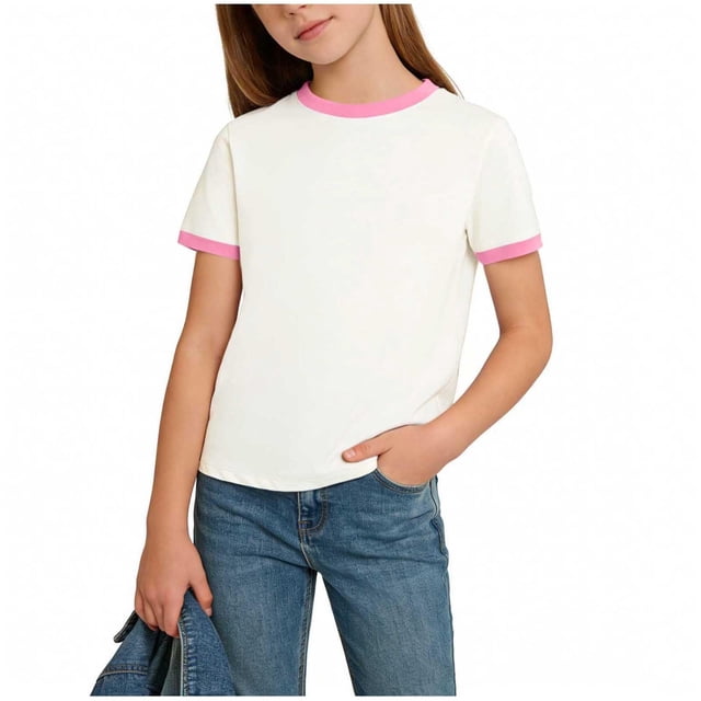 Nwiuh T-Shirts Basiques Unis pour Filles 1-15 Ans T-Shirts d'Été à Col Rond à Manches Courtes pour Enfants (Rose, 11-12 Ans)