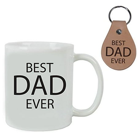Italian Leather Keychain - Best Dad Ever 11 oz White Ceramic Coffee Mug, Best Dad Ever Genuine Leather Keychain + White Gift Box - Great Gift for Father's Day, Birthday, or Christmas Gift for Dads and Fathers
