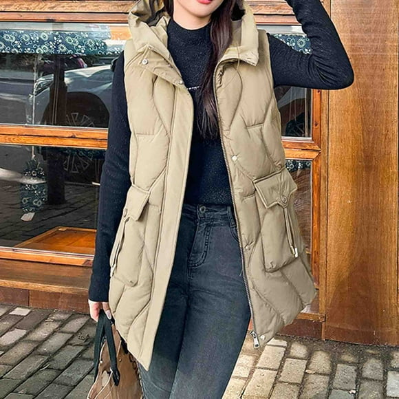UPPADA Puffer Vest for Women Solid Hooded Winter Sleeveless Down Coat Long Zip up Jacket Warm Puffer Coat Womens Long Puffer Vest Sleeveless Coats Quilted Vests Khaki,L