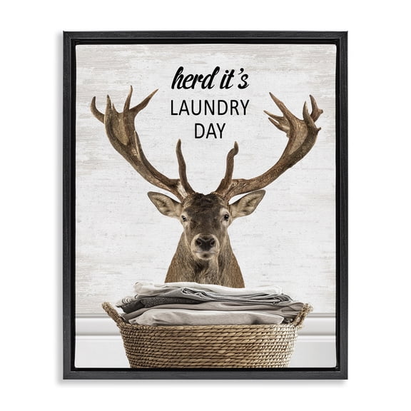Stupell Industries Herd It's Laundry Day Elk Quotes and Sayings Painting Black Floater Framed Canvas Art Print Wall Art, 17 x 21