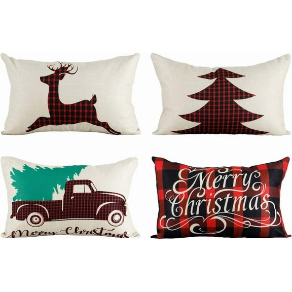 12x20 Christmas Throw Pillow Covers, Decorative Outdoor Farmhouse Buffalo Plaid Plad Merry Christmas Xmas Red Truck Moose Christmas Tree Lumbar Pillow Shams Cases Slipcovers Set of 4 for Couch Sofa