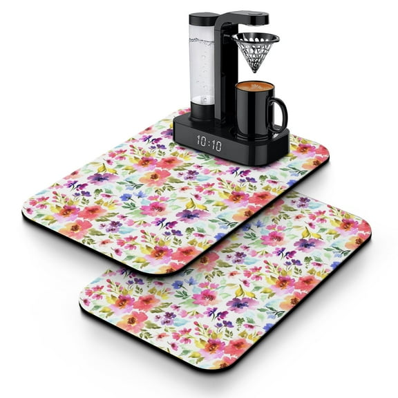 2 Pack Washable Rubber Multicolored Flower Leaves Dish Drying Mats for Kitchen Counter Home Large Coffee Bar Pad Accessories and Decor for Utensils Stemware (2pcs 19.5''x12'')