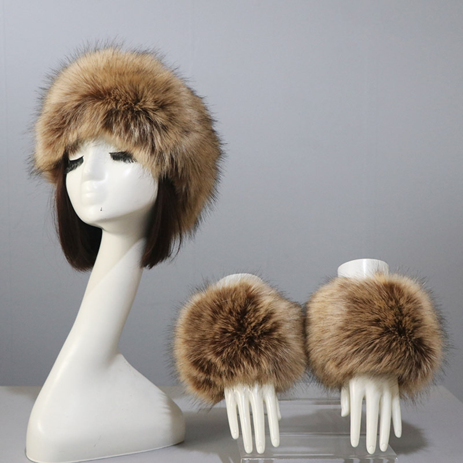 comerut 1 Set Women Headband Gloves Solid Color All Match Faux Fur Furry Empty Top Hat Wrist Sleeves for Skiing