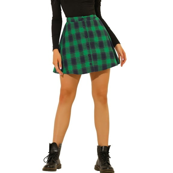 Allegra K Women's Button Front A-Line Plaid Tartan Mini Skirt