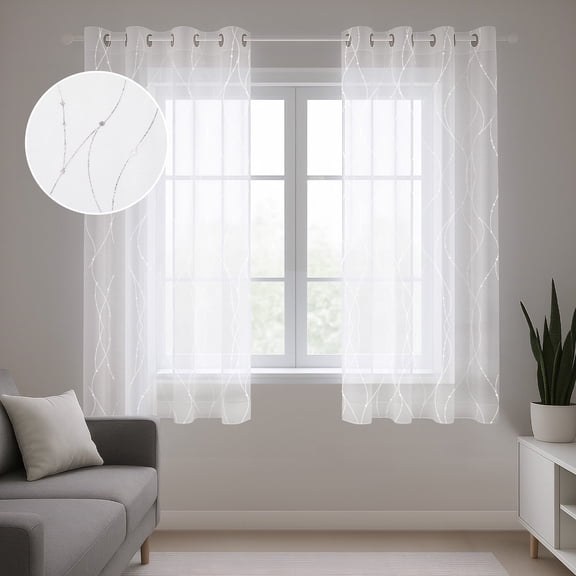 Deconovo White Sheer Curtains for Living Room, Silver Dot Print, 52x63 inch, 2 Panels, Grommet Top