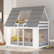Bellemave Twin over Twin Wood House Bunk Bed, Low Bunk Bed with Roof for kids, Teens (White+Gray)