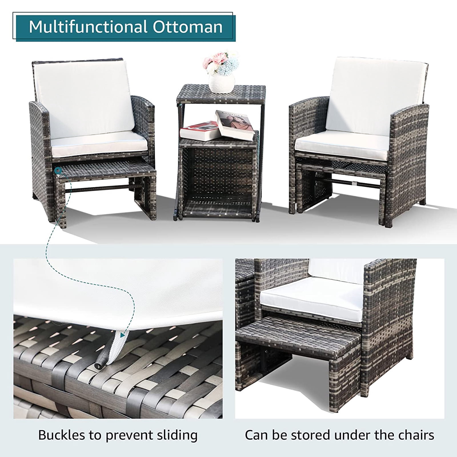 Wicker Patio Furniture Set Rattan Patio Chair Set with Ottoman, Perfect for Balcony, Small Space, Porch
