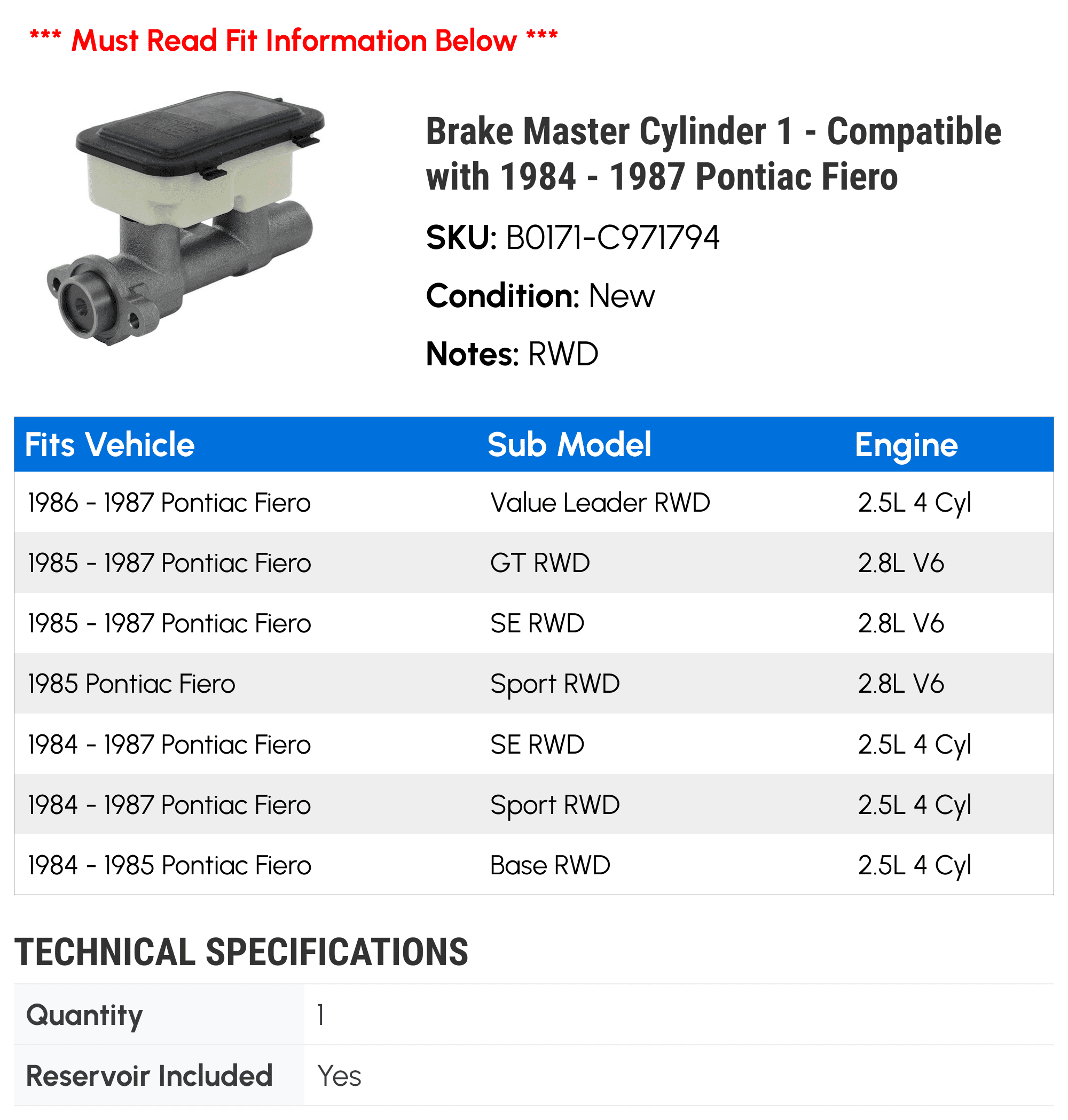 Brake Master Cylinder 1 - Compatible with 1984 - 1987 Pontiac Fiero - Autopart Premium