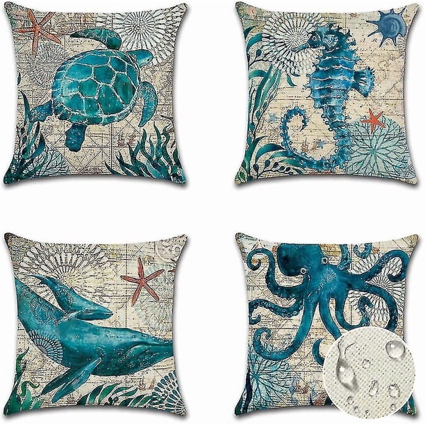 Juego de 4 fundas de cojín impermeables para exteriores, decorativas para sofá, de 45 x 45 cm (azul con animales marinos).