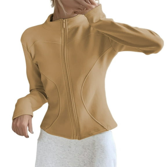 Bibifish Womens Jackets Beige Slim Fit Full Zip Up Stand Collar Jackets Curved Seam Detail Soft Casual Daily Commute Gym Wear Stylish Jackets