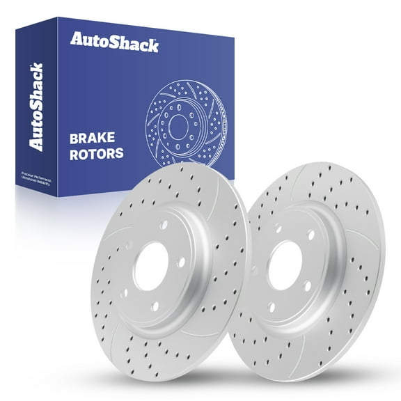 AutoShack Rear Solid Drilled & Slotted Coated Brake Rotors Silver Matte Finish 2-PC Set Replacement for 2012-2020 Dodge Grand Caravan 2012-2020 Dodge Journey TurboGuard 12.91" (328 mm)