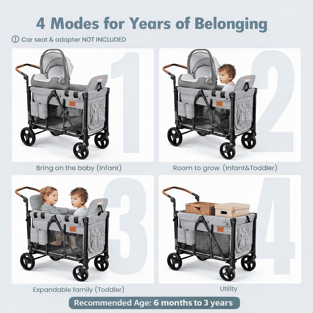 UBesGoo Wagon Stroller for 2 Kids, High Seat & 5 Point Harness, Foldable All-Terrain Wagon for Toddler with Removable Canopy, Adjustable Handlebar, Large Storage Bag, Gray