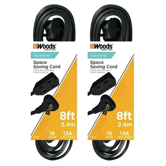 Slimline 2243 16 Gauge 8ft Black 3 Outlets Indoor Extension Cord 2 Pieces 2 Pack