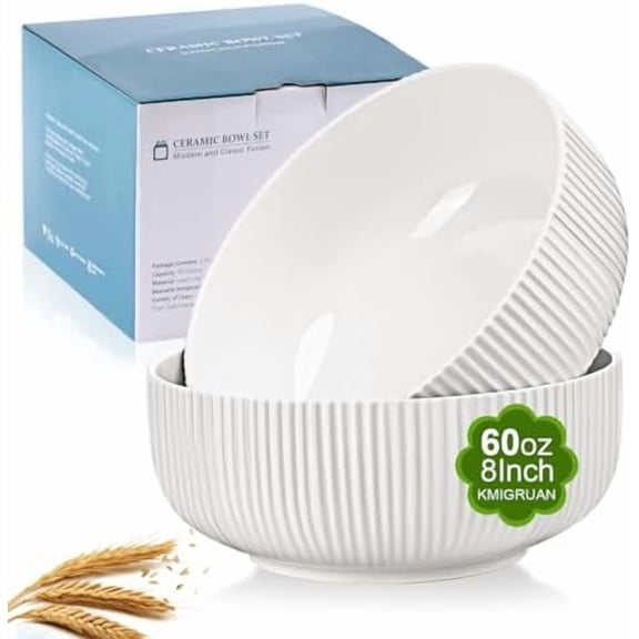60oz Salad Bowl Set,2 Pack Serving Bowls for Entertaining,8inch Large White Ceramic Bowl for Side Dishes,Soup, Pho, Cereal, Pasta, Fruit, Microwave and Dishwasher Safe