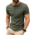 thumbnail image 2 of LEKWK Textured Henley Shirts for men Short Sleeve Casual Button Down T-Shirts Slim Fit Waffle Knit Tops Lightweight Summer Pullover Tees for Holiday Daily Outfit Army Green L, 2 of 8