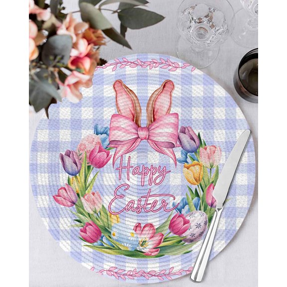 15 Inch Round Placemats Set of 6, Happy Easter Non Slip Heat Insulation PP Table Mats, Rabbits Bows Spring Tulips Eggs Purple Plaid Washable Place Mats for Kitchen Dining Party Table Decor