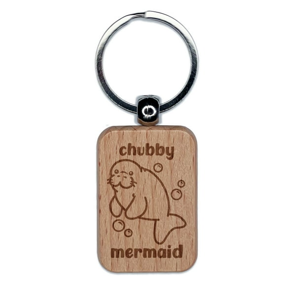 Manatee Chubby Mermaid Rectangle Keychain Charm Tag - Engraved Wood