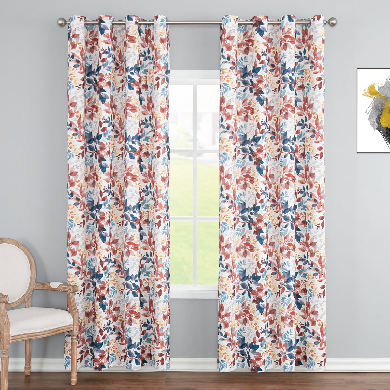 VOGOL Multi Color Leaves Print Bedroom Curtains, Farmhouse Print Room Darkening Grommet Decor Drapery for Living Room, 2 Panels, 52 x 63
