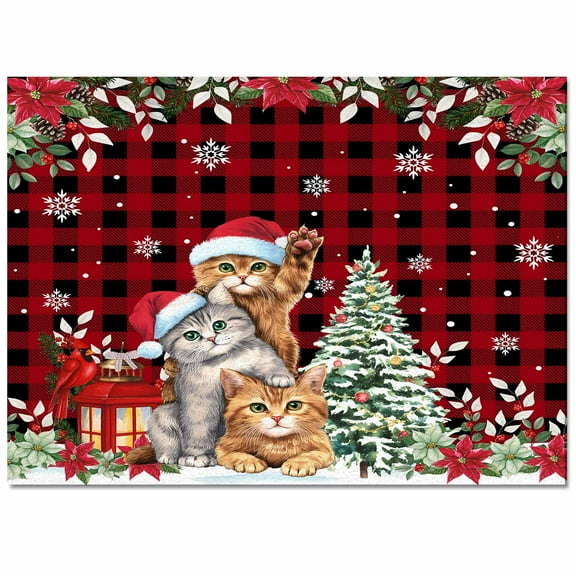 Christmas Cat Family Area Rug 2x3ft Xmas Tree Snowflake Red Black Plaid Red Flowers Non-Slip Washable Square Rugs Soft Felt Indoor Floor Mat for Bedroom Kitchen Living Room Bathroom