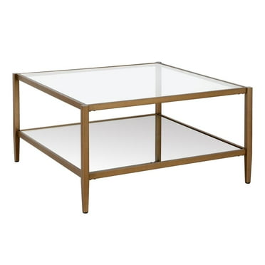 HomeRoots 32" Gold Glass And Steel Square Coffee Table With Shelf