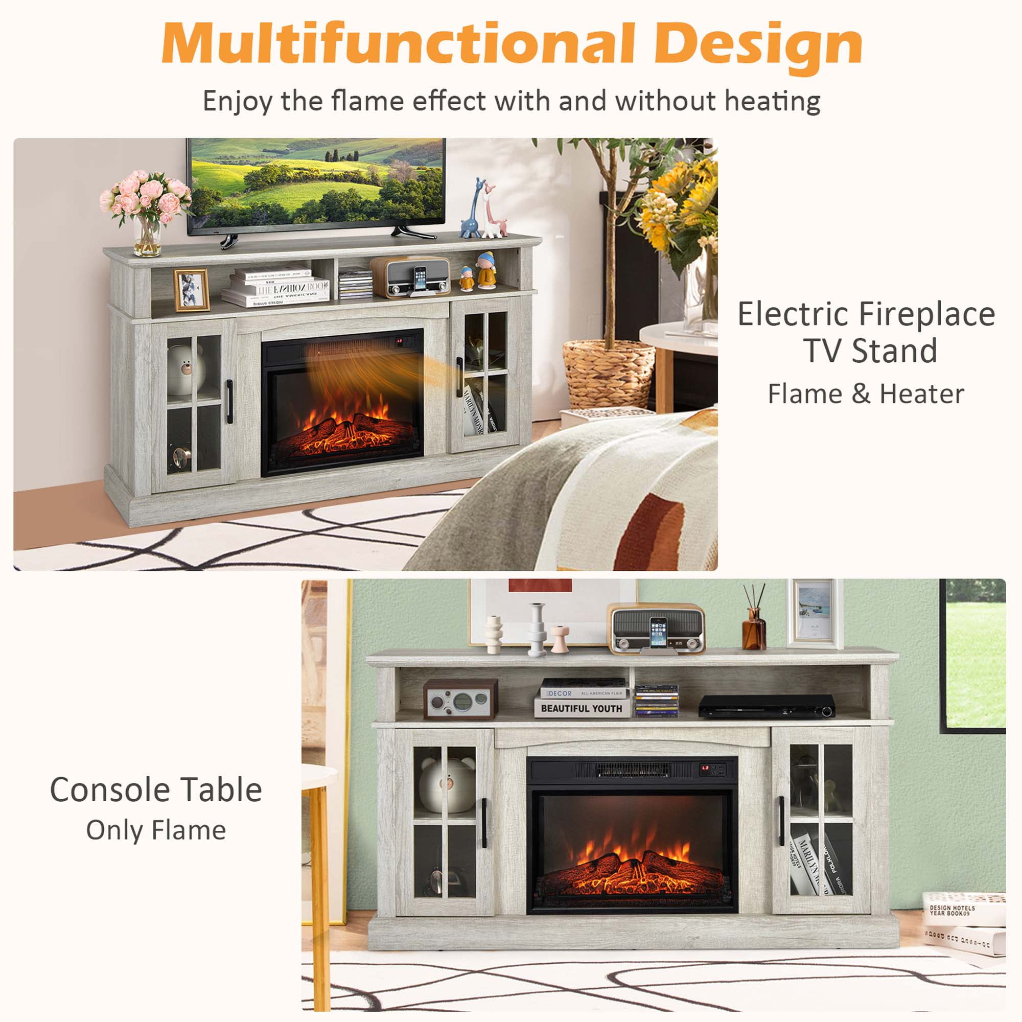 Costway 58" Fireplace TV Stand W/ 1400W Electric Fireplace for TVs up to 65 Inches Grey
