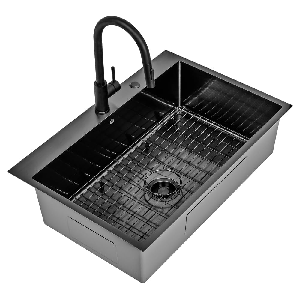 Strictly Sinks Dual Mount Workstation Kitchen Sink – 33 Inch 16 Gauge Embossed Hexagon Texture Kitchen Sink with Grid, 1 Strainer Drain, 1 Garbage Disposal Adapter & Clips (Black