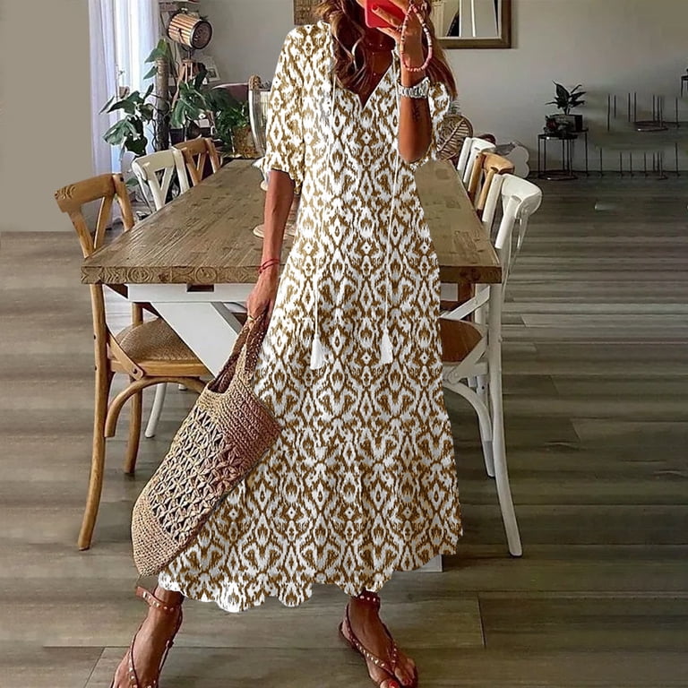 Taqqpue Women's Plus Size 3/4 Sleeve V Neck Maxi Dress Casual Floral  Bohemian Tiered Flowy Pleated A-Line Summer Long Dress Fall Holiday Boho  Midi Dress Cocktail Wedding Guest Dresses for Women S-5XL -