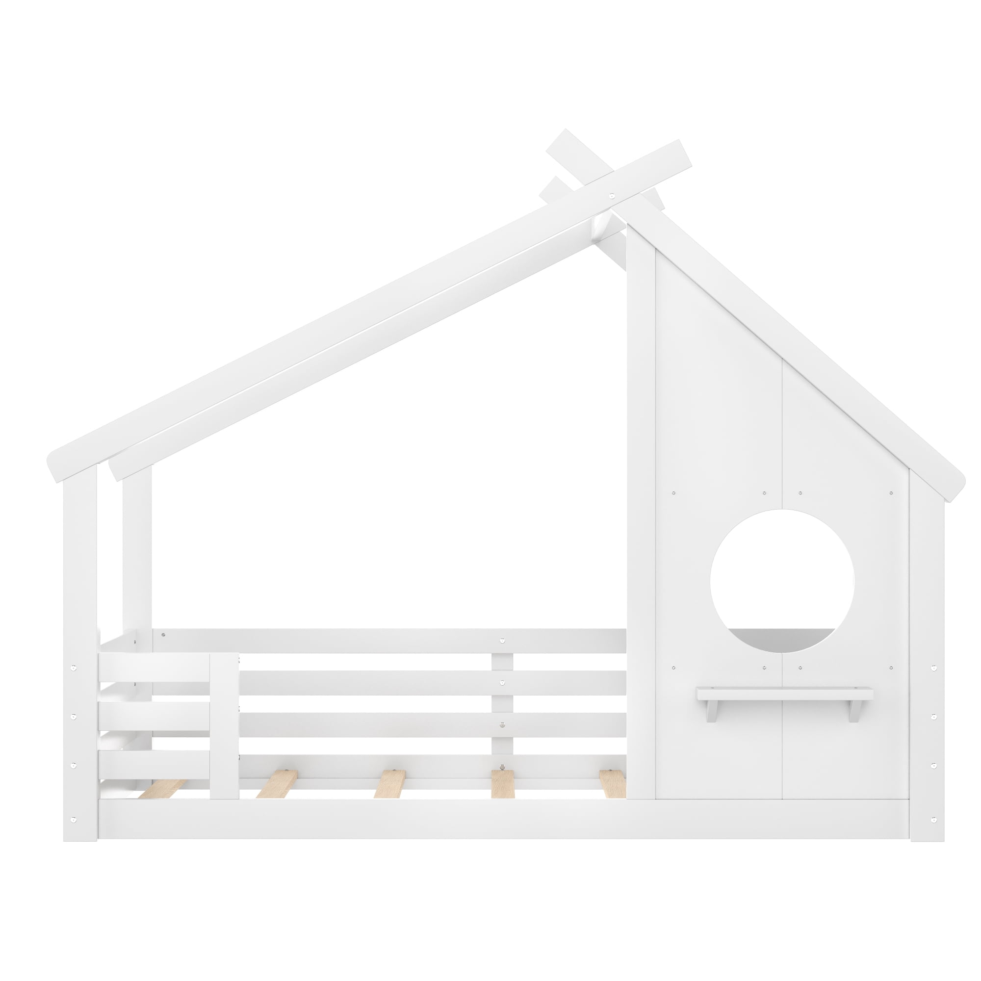 Jopath Twin Size House Floor Bed with Window and a Small Shelf, Solid Wood Floor Bed with House-shaped Roof for Boys Girls White