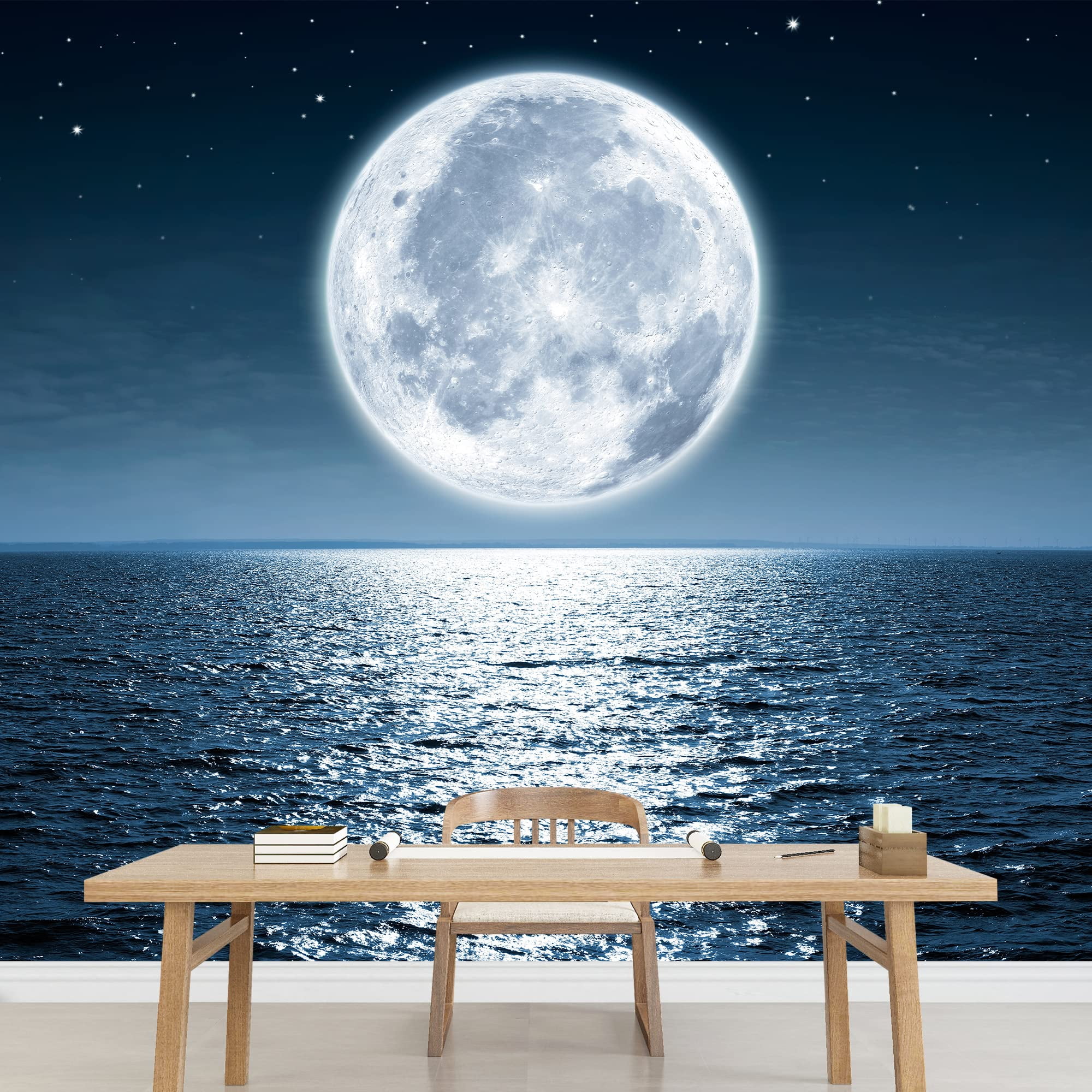 wall26 - Full Moon Rising Over The Ocean Empty at Night with Copy Space - Removable Wall Mural | Self-Adhesive Large Wallpaper - 66x96 inches