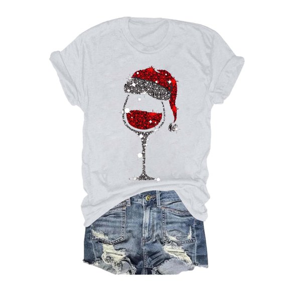 Womens Christmas T-Shirts Glass Print Round Neck Short Sleeve Party Blouse Tops