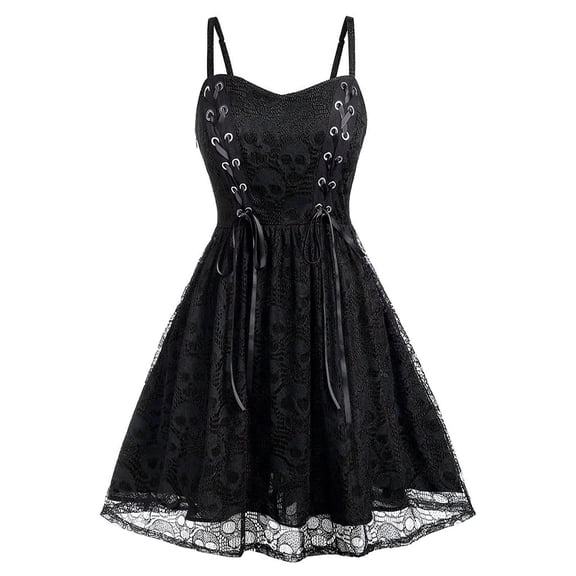 Women's Gothic Lace Mesh Halloween Mini Dress, Sleeveless Spaghetti Strap A-Line Dress, Corset Lace Up Sheer Overlay Casual Cosplay Party Outfit for Women Black B L