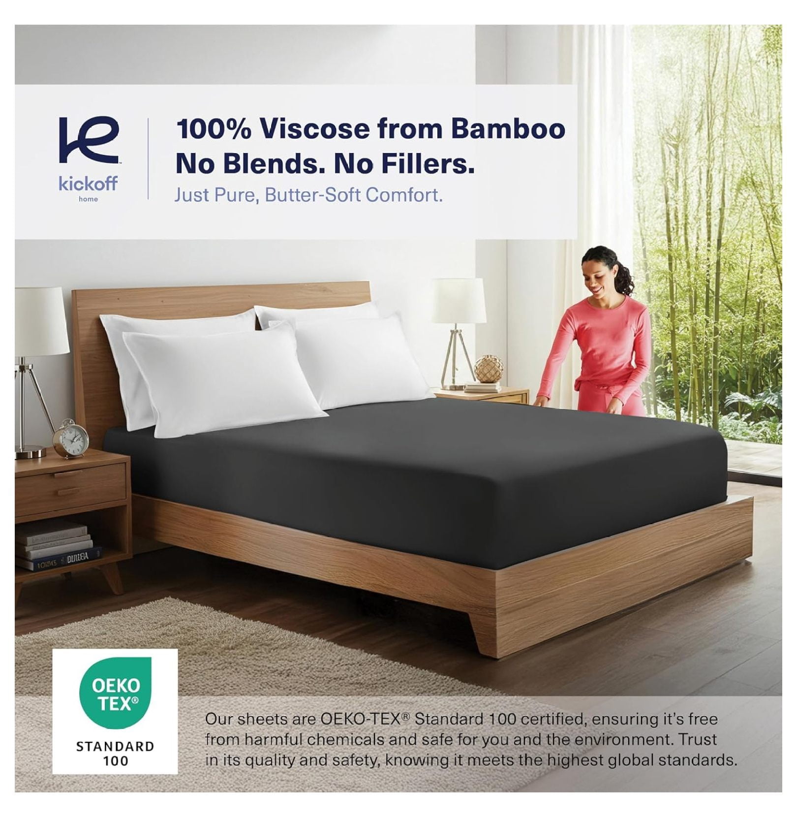 Kickoff Viscose Bamboo Fitted Sheet Queen Size, 100% Organic Cooling Sheets Fitted ONLY Viscose Bamboo Sheets Queen Size Bed Sheet for Hot , Extra Deep Pocket, 4 Corner Strap (Q, Pewter)