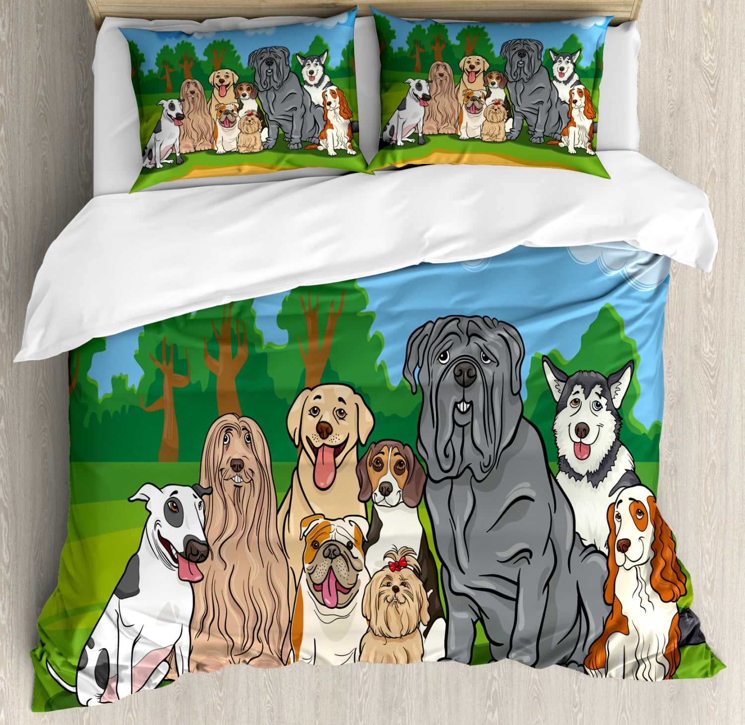 Dog Lover Duvet Cover Set, Repetitive Park Landscape Colorful Friendly