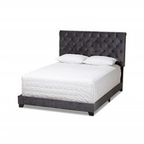 Velvet Queen Size Bed - Dark Grey Upholstered Bed Frame with HeadboardSlats