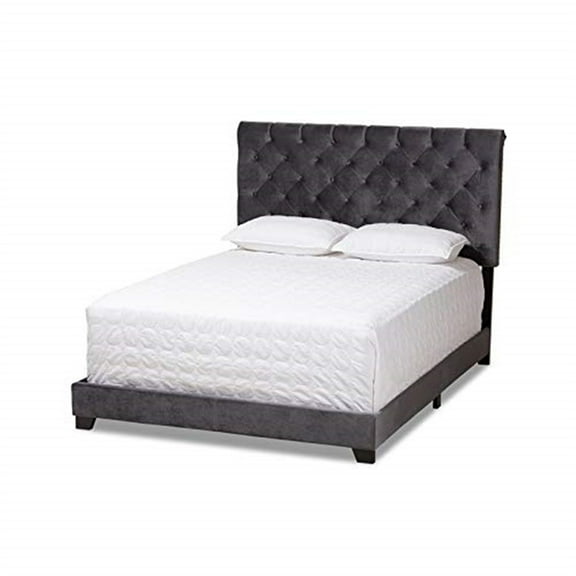 Velvet Queen Size Bed - Dark Grey Upholstered Bed Frame with HeadboardSlats