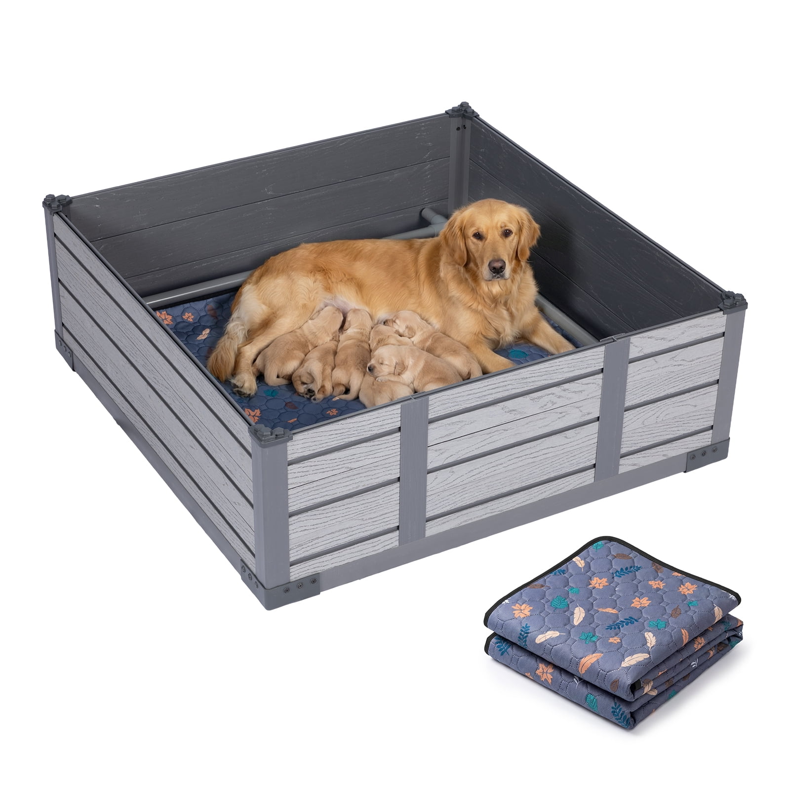 PureWags 46'' x 46'' x 18'' Pet Whelping Box Kit with Built-in Floor and Reusable Potty Pad, Puppy Playpen for Small to Large Breeds, Non-Toxic PP Material for Newborn Safety