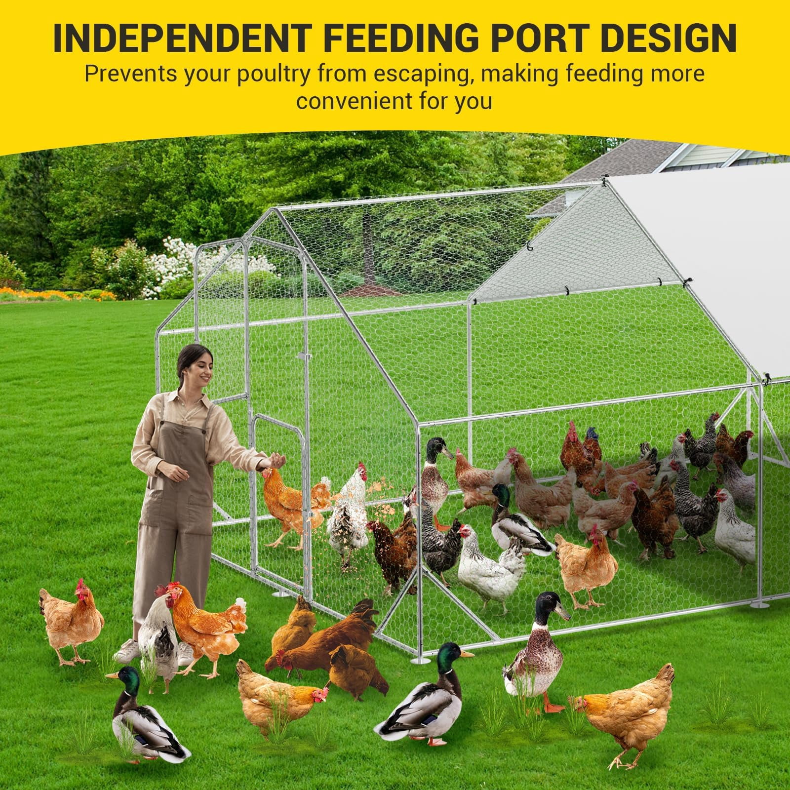Huisuilinss Large Metal Chicken Coop Poultry Cage With Waterproof Cover Walk-in Metal Poultry Cage Peaked Hen House Chicken Run Pen Dog Kennel Duck Rabbit House For Outdoor Backyard Farm