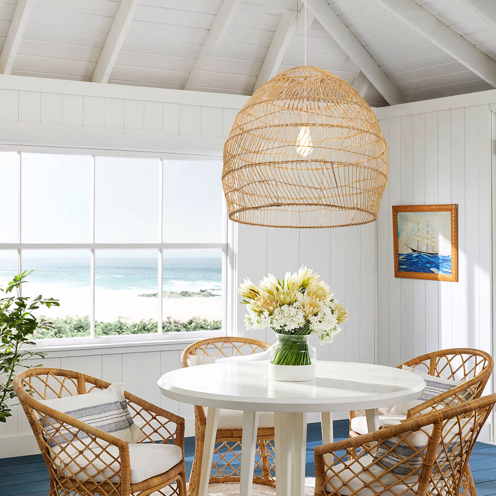 UEEYAC Boho Kitchen Island Lighting DIY Natural Rattan Chandelier Lamp Shades